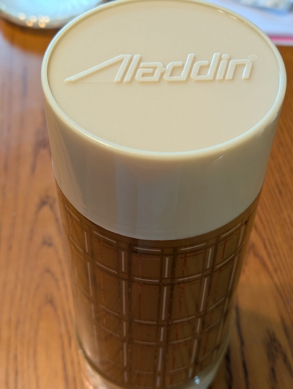 Aladdin Brand Cream & Brown Insulated Travel Thermos. Vintage 70's